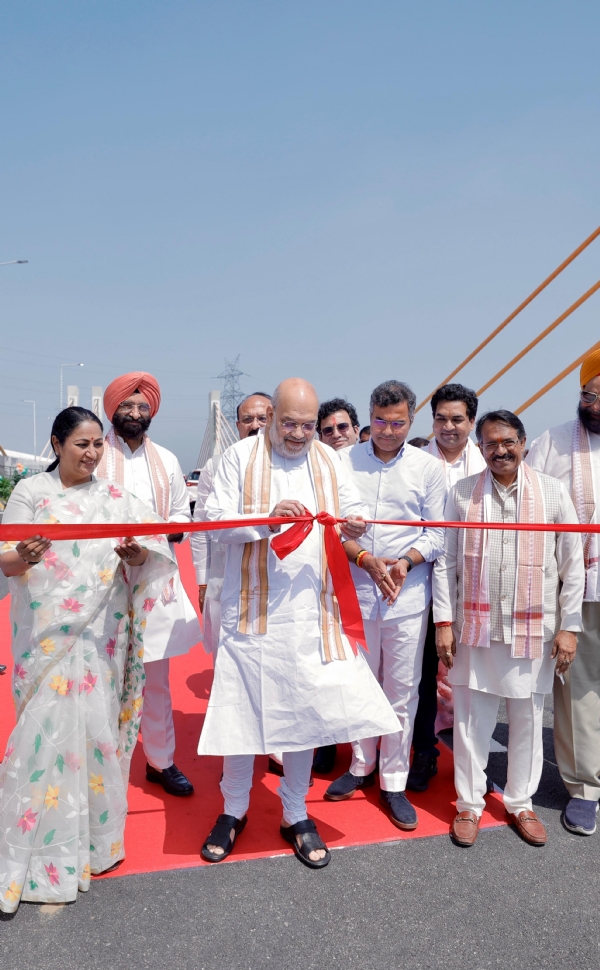Union Home Minister Amit Shah inaugurates the third phase of the Barapullah Elevated Corridor in New Delhi on Tuesday.