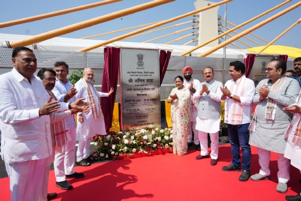Union Home Minister Amit Shah performs the foundation stone-laying ceremony for the construction of the Loni underpass on Tuesday.