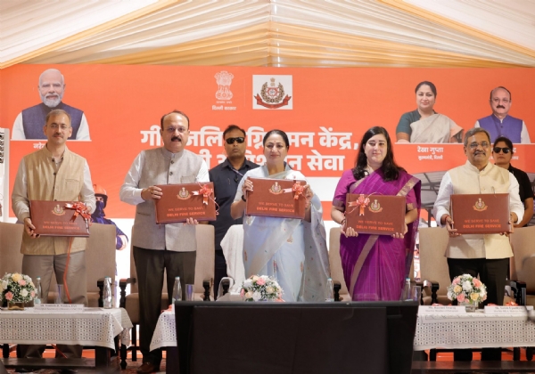 Delhi Chief Minister Rekha Gupta inaugurates the Geetanjali Fire Station on Wednesday as part of the ‘Seva Sankalp’ campaign.
