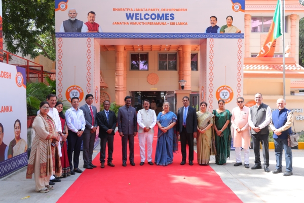 Delhi BJP president Harsh Malhotra with a delegation from Sri Lanka’s ruling Janatha Vimukthi Peramuna.