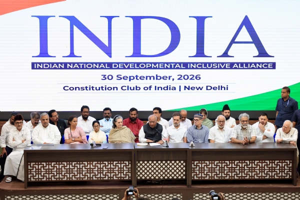Congress president Mallikarjun Kharge and other opposition leaders after a meeting of the INDIA bloc in New Delhi on Wednesday.