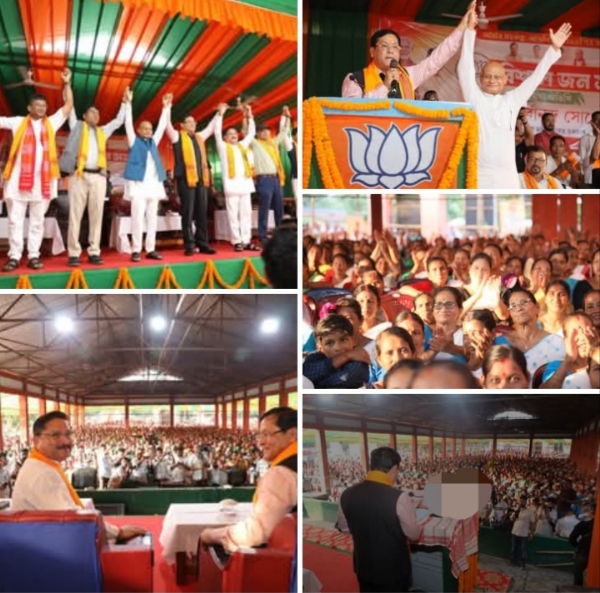 Image of the Union Minister Sarbanand Sonowal Campaigning for BJP Candidate Devashish Sharma in Nagaon and Morigaon.