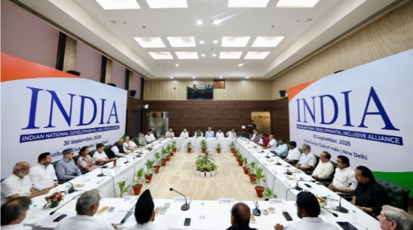 Opposition leaders arrive at the INDIA bloc meeting on the Election Commission and Special Intensive Revision (SIR) issues at the Constitution Club in New Delhi.