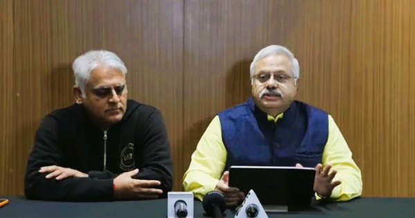 Sunil Ambekar addressing a press conference in London.